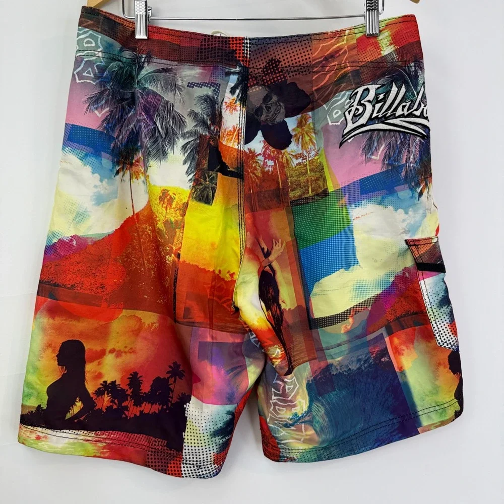 Billabong Vintage Board Shorts Mens 36 Embroidered  Graphic Skull Girl Tropical